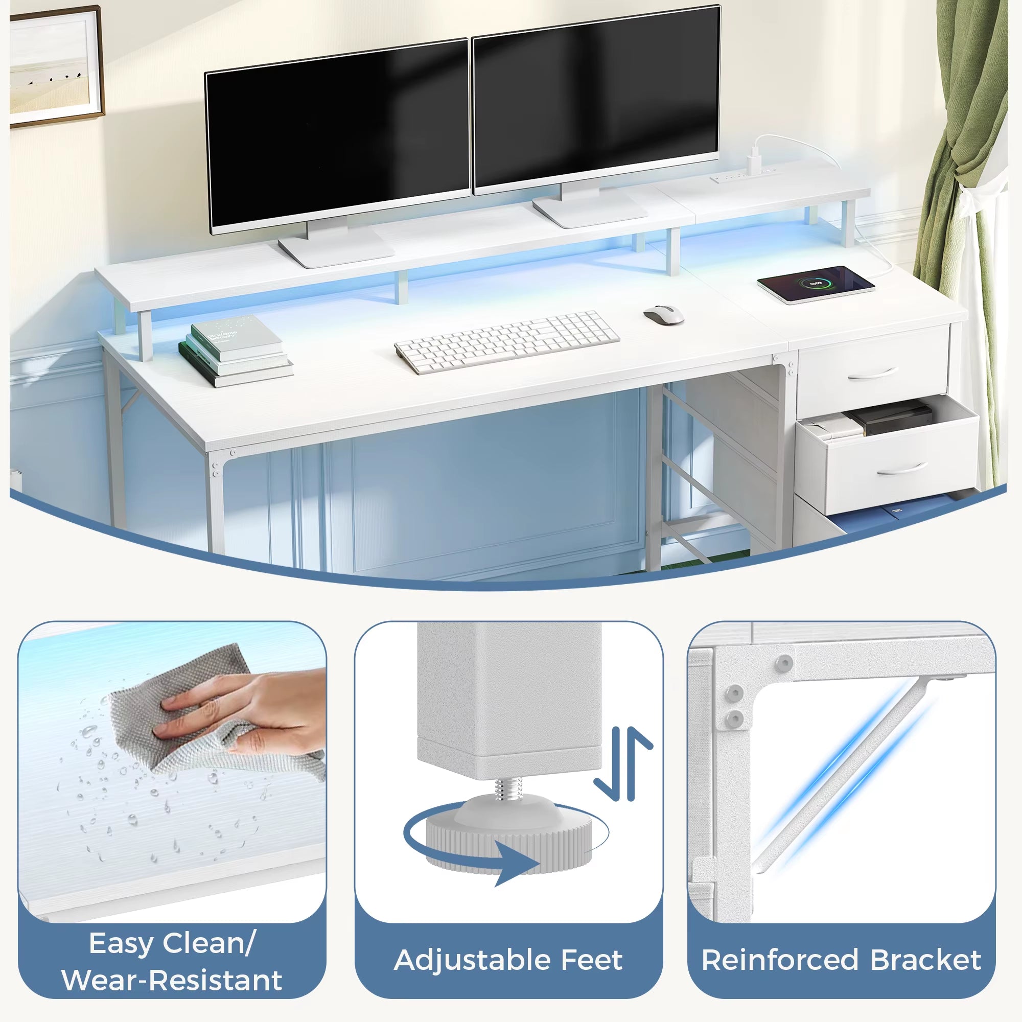 Adjustable Gaming Computer Desk (40-47 Inches) with 4 Storage Drawers, Integrated Power Outlets, and LED Lighting for Home Office Use