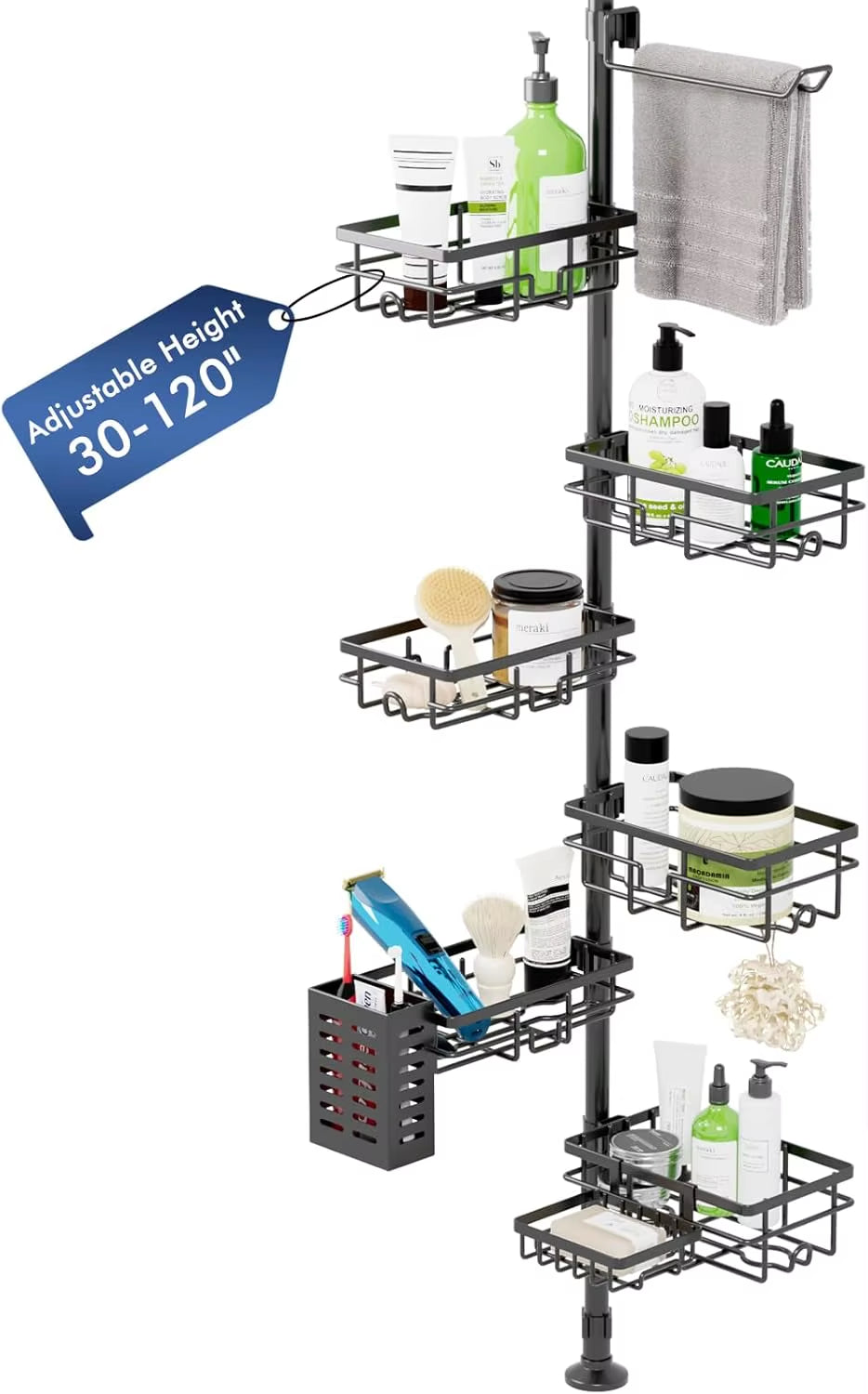 Adjustable Shower Caddy Organizer, Rustproof 6-Pack Corner Shelf with Towel Bar & Soap Dish for Bathroom Storage, Black