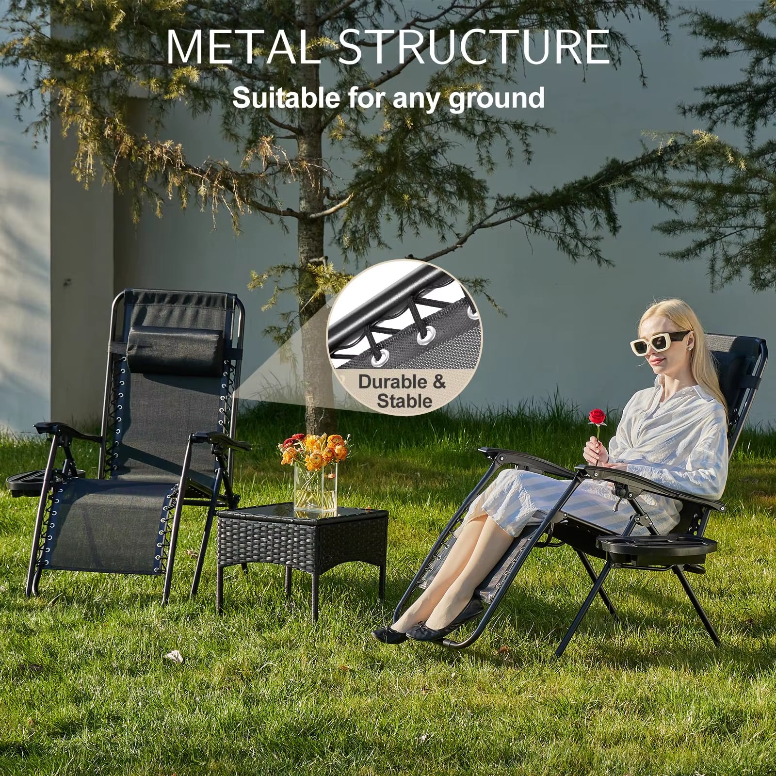 Zero Gravity Set of 2 Portable Recliner Camping Patio Outdoor Garden Lounge Chair with Cup Holder Trays Adjustable Pillow