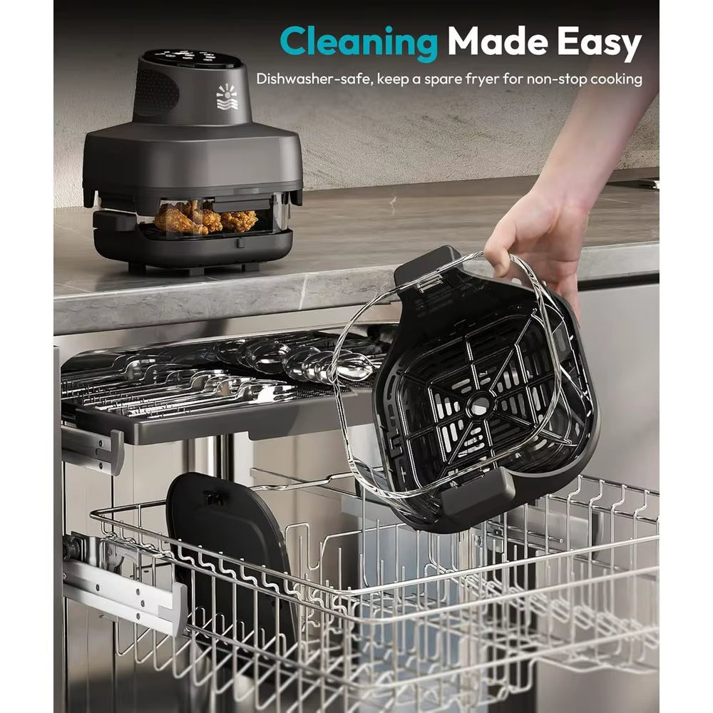 Portable Glass Air Fryer - 1500W, 4.2 QT & 6-Cup Dual Glass Containers, 4-In-1, 60 Min Timer, 140°-400° Adjustable, Microwave, F