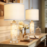 Natural Alabaster and Wood Table Lamp Set of 2 with Night Light Nightstand Lamps with USB Ports White Linen Fabric Shade Bedside
