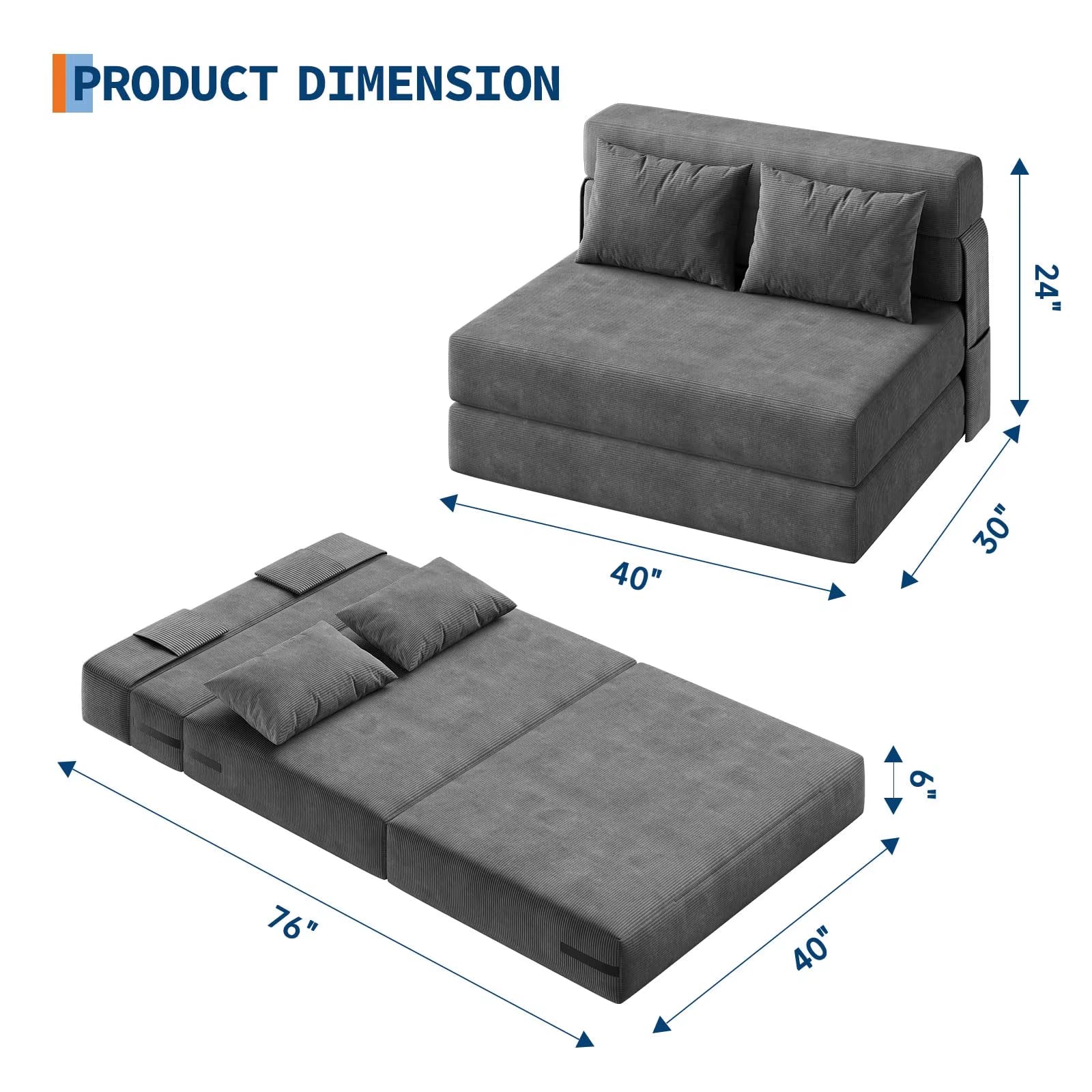 4-In-1 Folding Sofa Bed Convertible Sleeper Soft Corduroy Loveseat Couch with Pillow Space-Saving Fold Out Chair Bed for Room