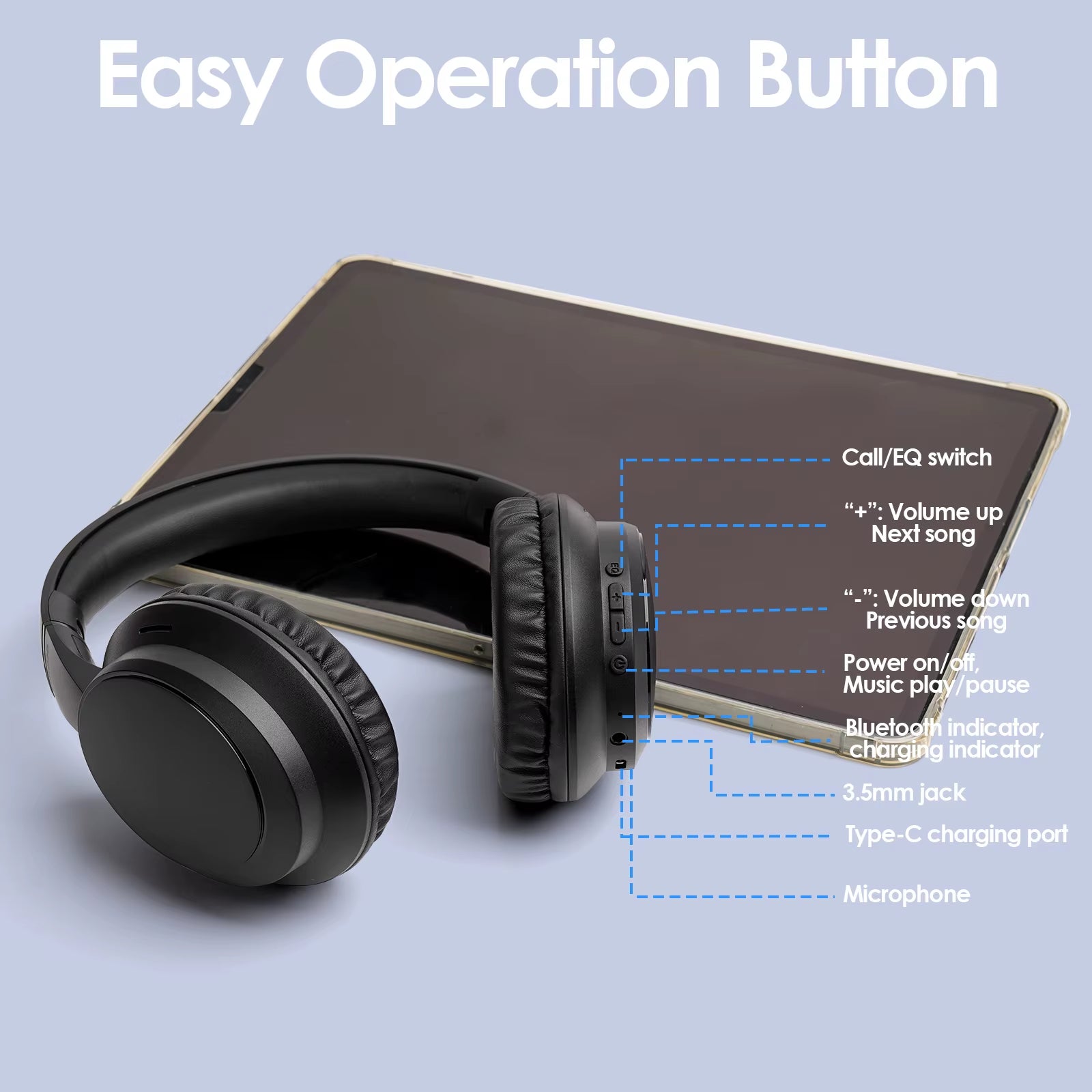 JH-820 Wireless Bluetooth Headphones, 60H Playtime,3 EQ Sound Modes,Newest Foldable Lightweight BT 5.4 for Travel Study