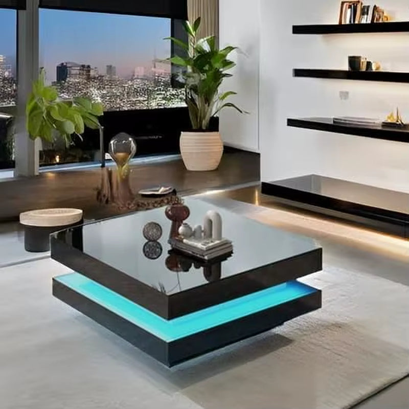 LED Coffee Table for Living Room, 2 Tier Modern Square Middle Center Table, Unique High Gloss Coffee Table with 16 Colors LED