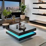 LED Coffee Table for Living Room, 2 Tier Modern Square Middle Center Table, Unique High Gloss Coffee Table with 16 Colors LED