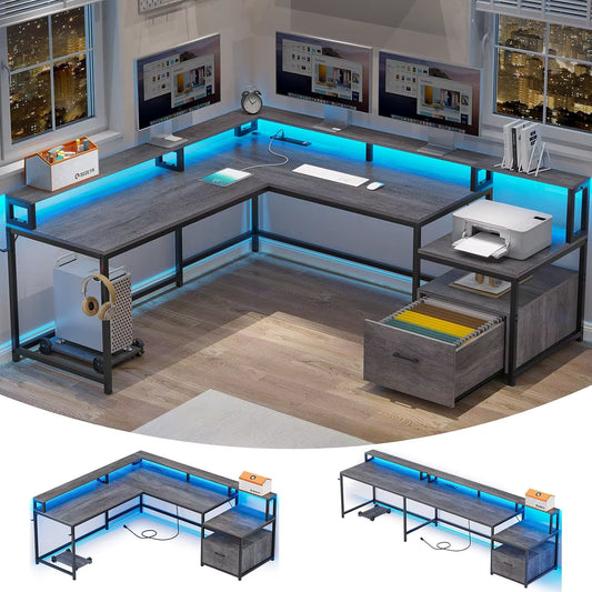 L-Shaped Gaming Desk with LED Lighting, Power Outlet, and Storage Solutions, 66" Corner Home Office Desk for Two Users, Grey