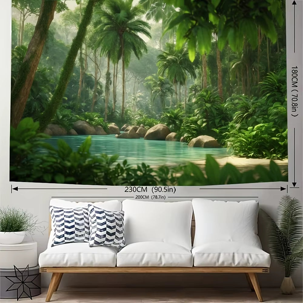 Lush Tropical Forest Greenery Background - Vibrant, Realistic Living Room and Bedroom Decor Wall Hanging, Polyester Fabric