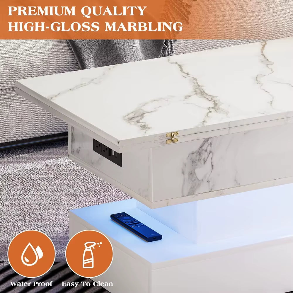 Lift Top Coffee Table with Charging Station,Modern High Glossy LED Coffee Table with Storage,3 in 1 Multifunctional Center Table