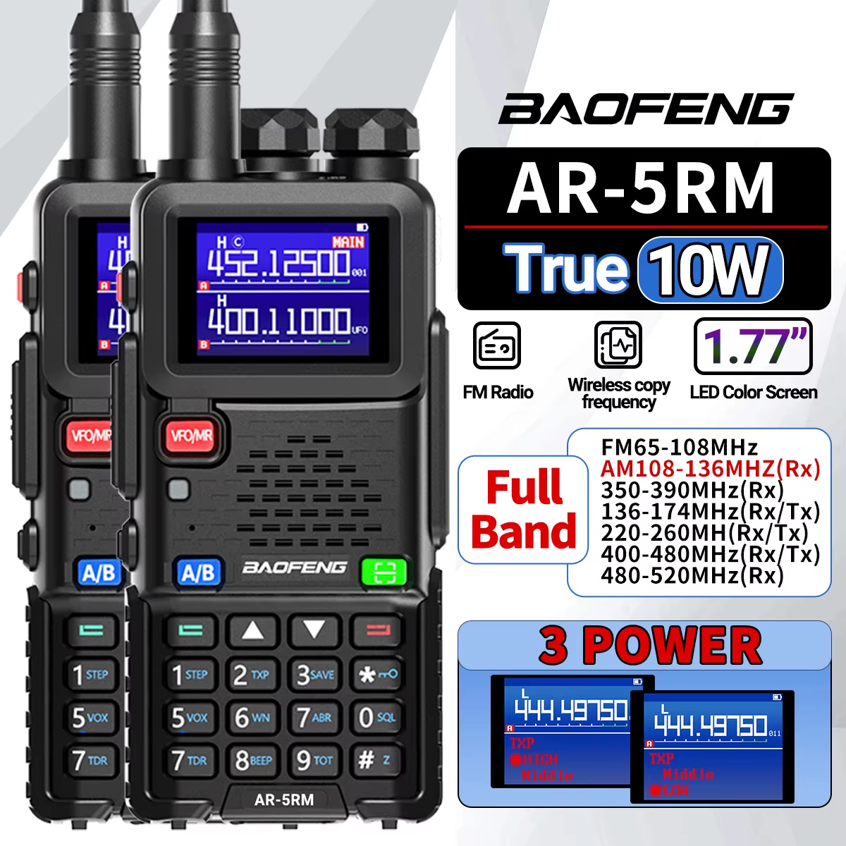 2PCS  AR-5RM Multi Band Walkie Talkie Air Band 10W Wireless Copy Frequency 999CH 2500Mah UV-5RH Long Range Ham Radio