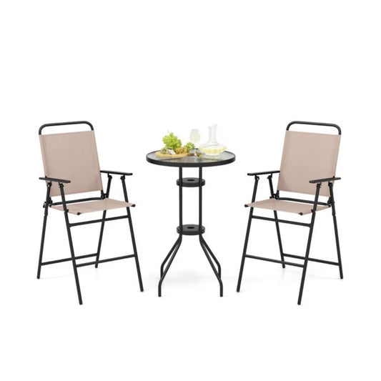 3Pcs Bistro Set Garden Backyard Bar Table Folding Chairs Outdoor Furniture Beige
