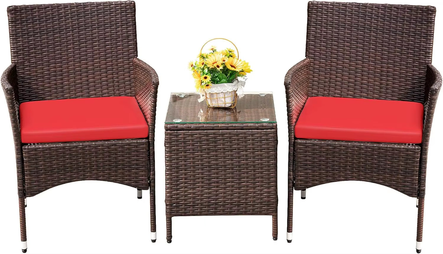 Patio Porch Furniture Sets 3 Pieces PE Rattan Wicker Chairs with Table Outdoor Garden Furniture Sets (Brown/Beige)