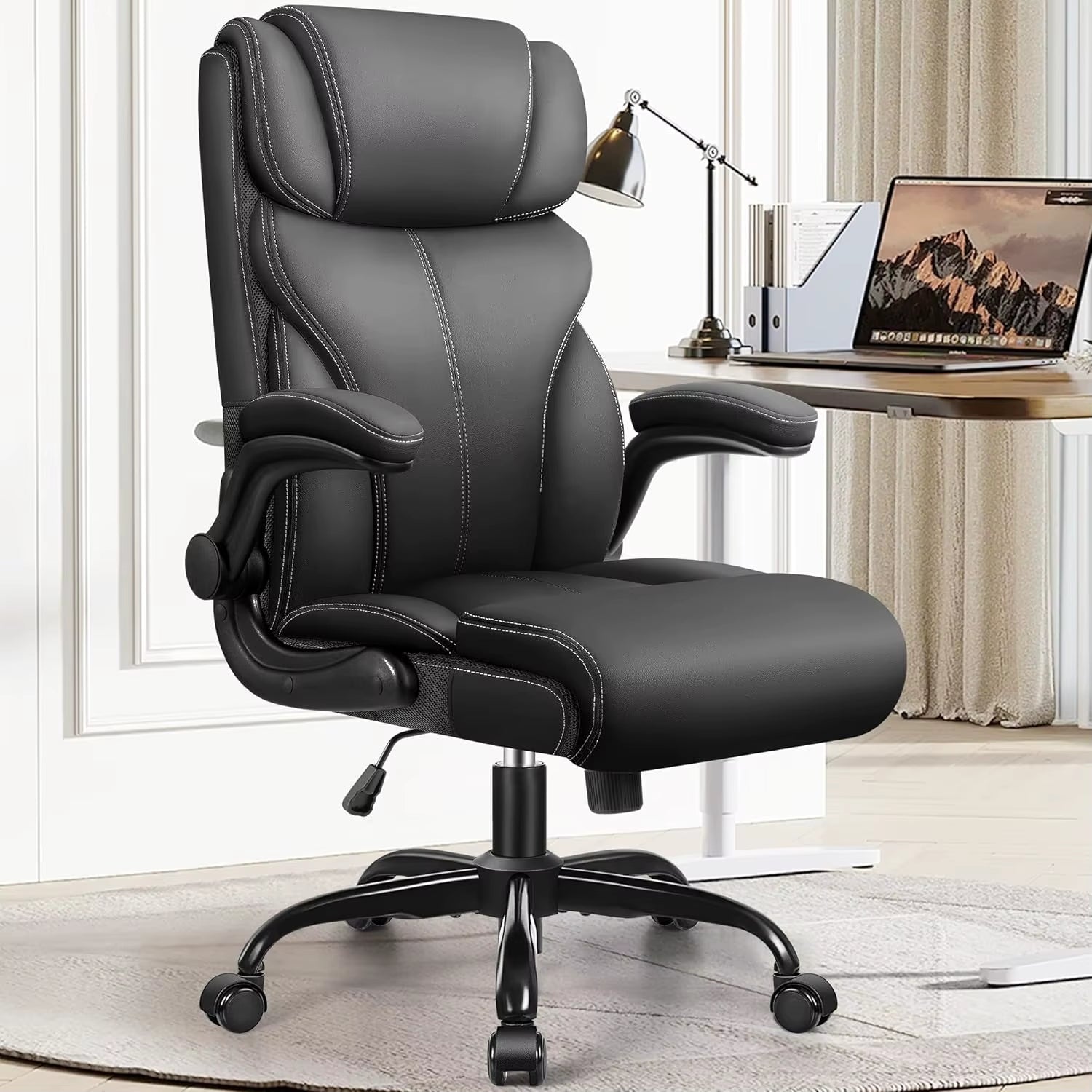Ergonomic Leather Office Chair with Adjustable High Back and Flip-Up Armrests for Big and Tall Users, Customizable Lumbar Support