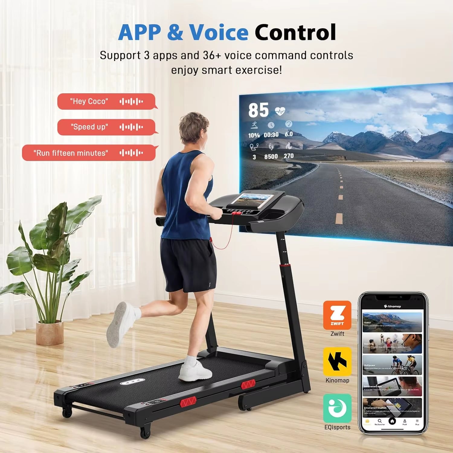 Auto Incline Treadmill with 400 Lbs Capacity - Foldable Running Machine for Home with APP, Voice Control and Speaker - 8.7 MPH