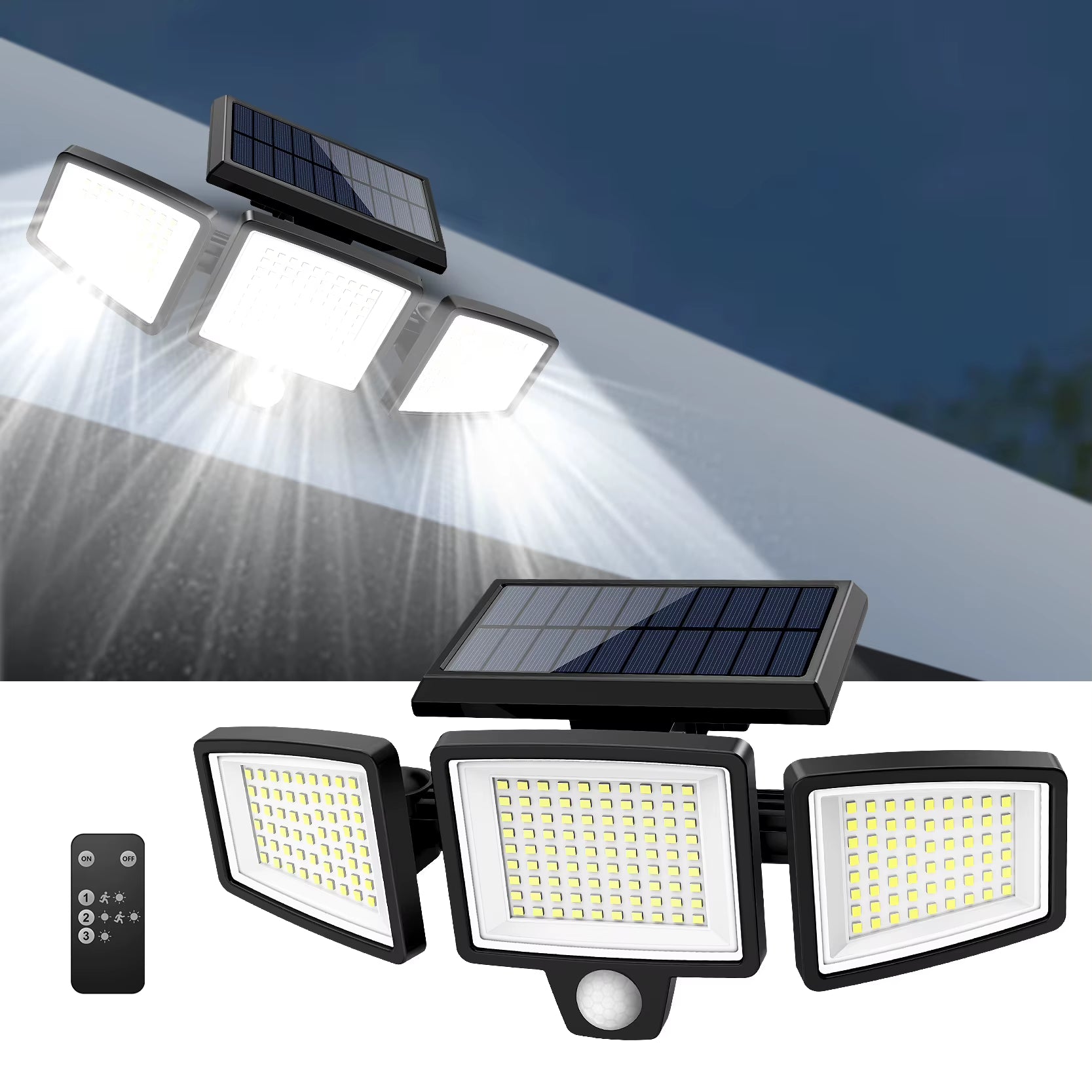 Outdoor Waterproof Solar Light with Motion Sensor 3-Head 200+ Leds Security Light for Porches Garages Yard Entrances