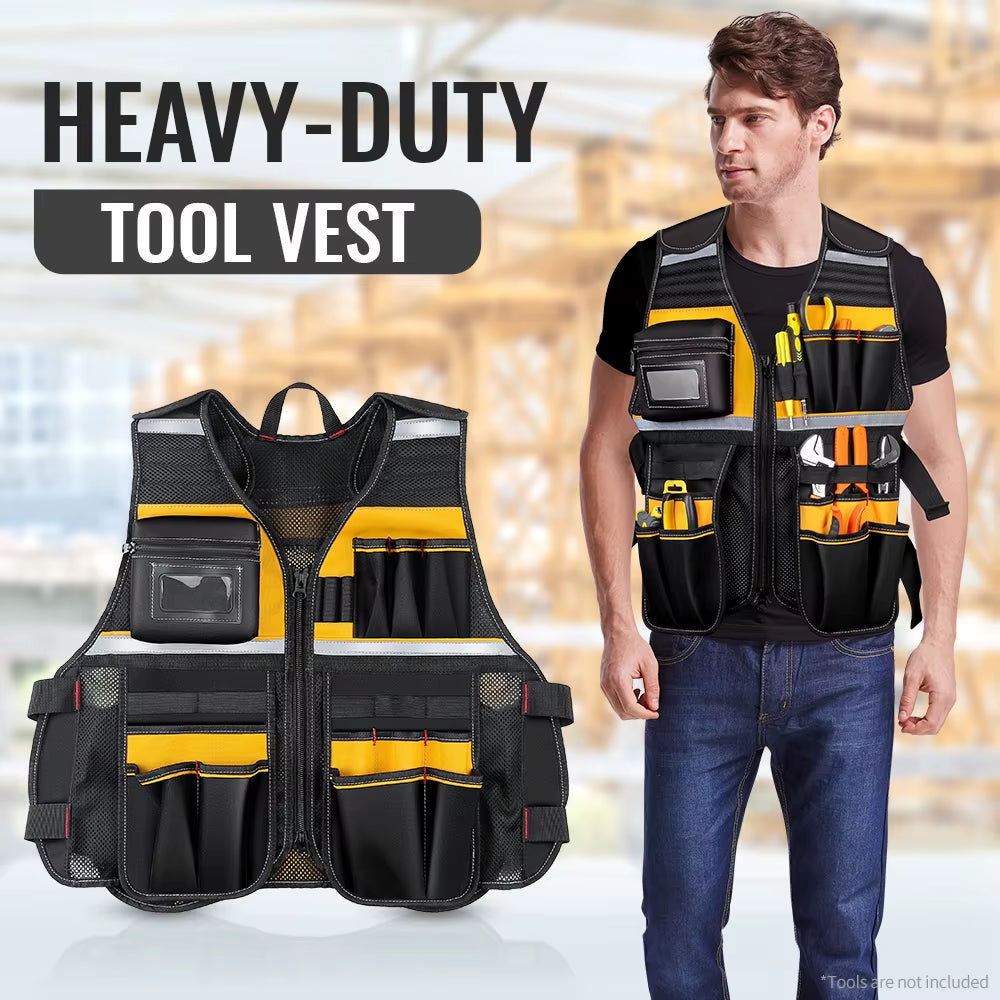 Multi-Pocket Tool Vest with Reflective Strips, Durable Oxford Fabric, Black and Yellow