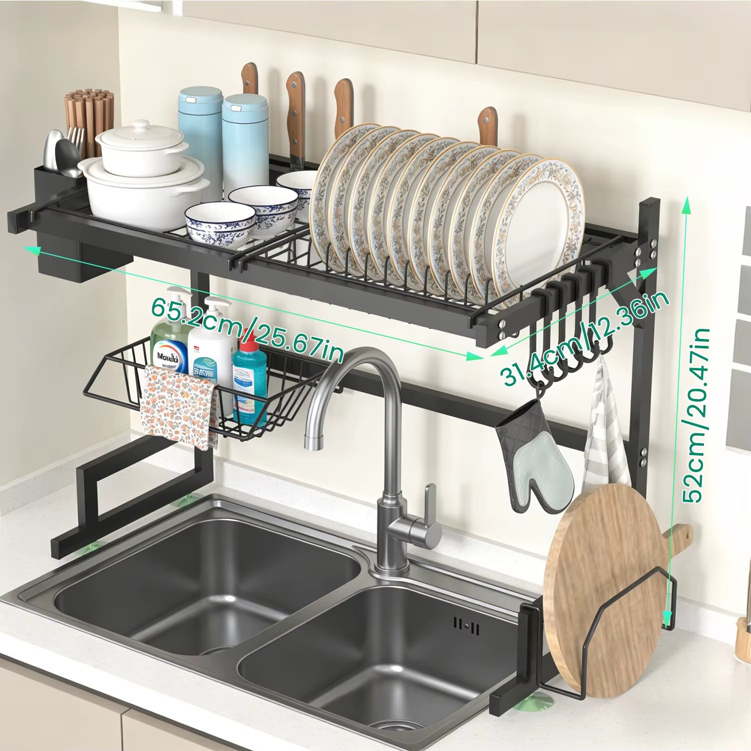 Dish Rack above Sink - Two-Tier Large Capacity Draining Rack with Knife and Utensil Holder Home Decor