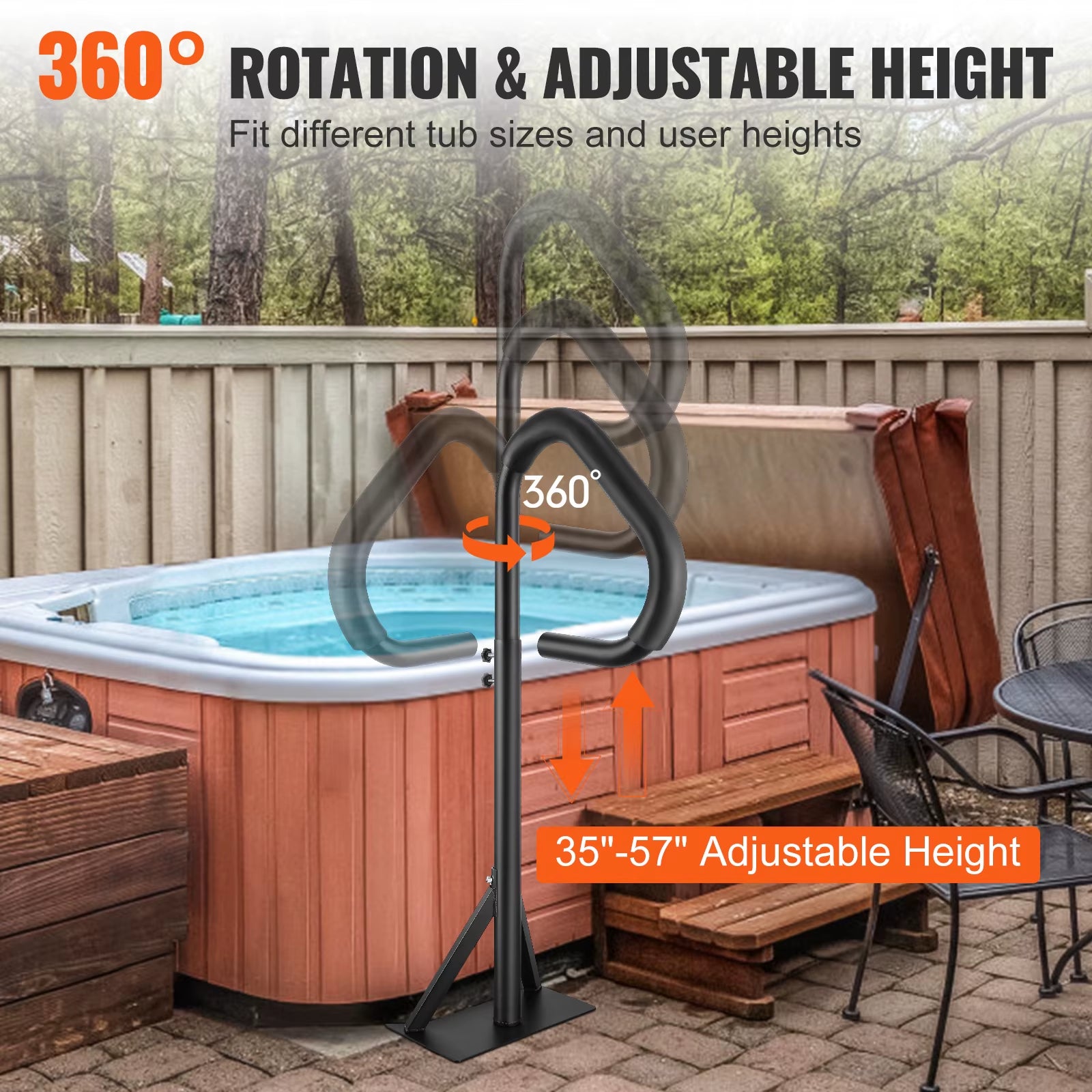 Succebuy 360Rotatable Hot Tub Handrail Spa Side Hand Rail Adjustable Height W/ Slide-Under Mount Base for Indoor Outdoor Bathtub