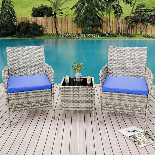 3-Piece Wicker Patio Sofa Set, All-Weather Rattan Conversation Set with Cushions & Glass Coffee Table for Garden, Porch, Lawn