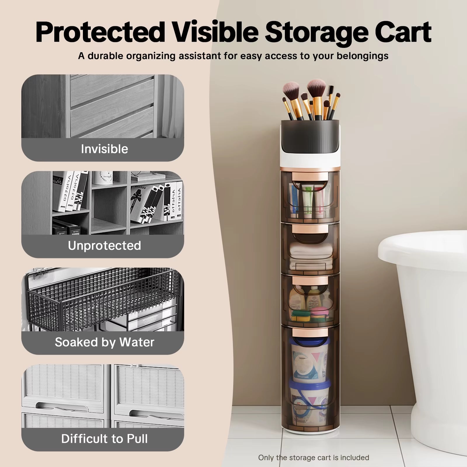 4-Drawer Slim Bathroom Storage Cart Mobile Freestanding PP Organizer White Tawny for Home Office Dorm