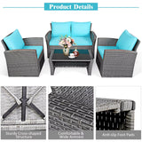 4 Pieces Patio Furniture Set, All Weather Outdoor Sectional Rattan Sofa Set with Cushions & Tempered Glass Table, Wicker Convers