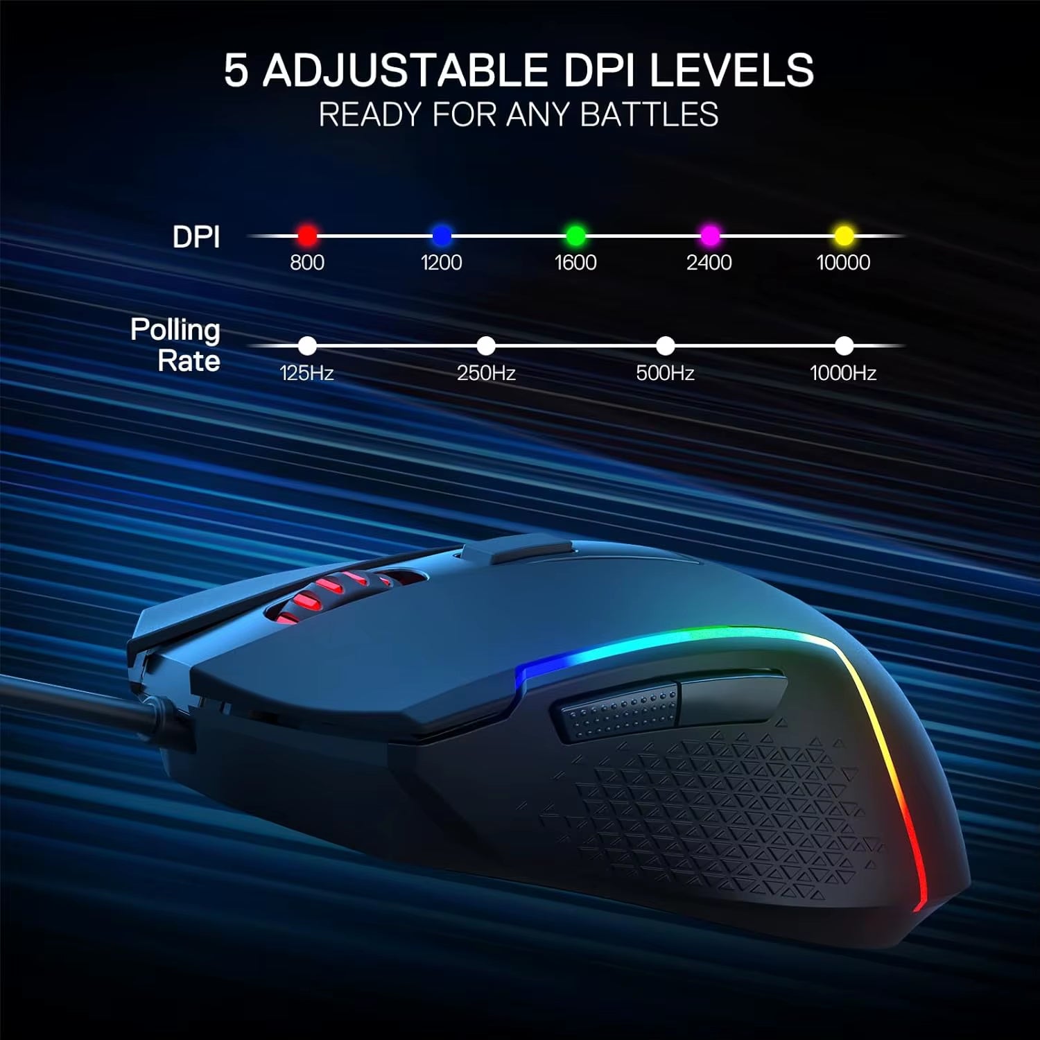 M616 RGB Gaming 10000 DPI Wired Optical 6 Programmable Buttons 8 Backlit Modes Software Supports DIY Keybinds Mouse