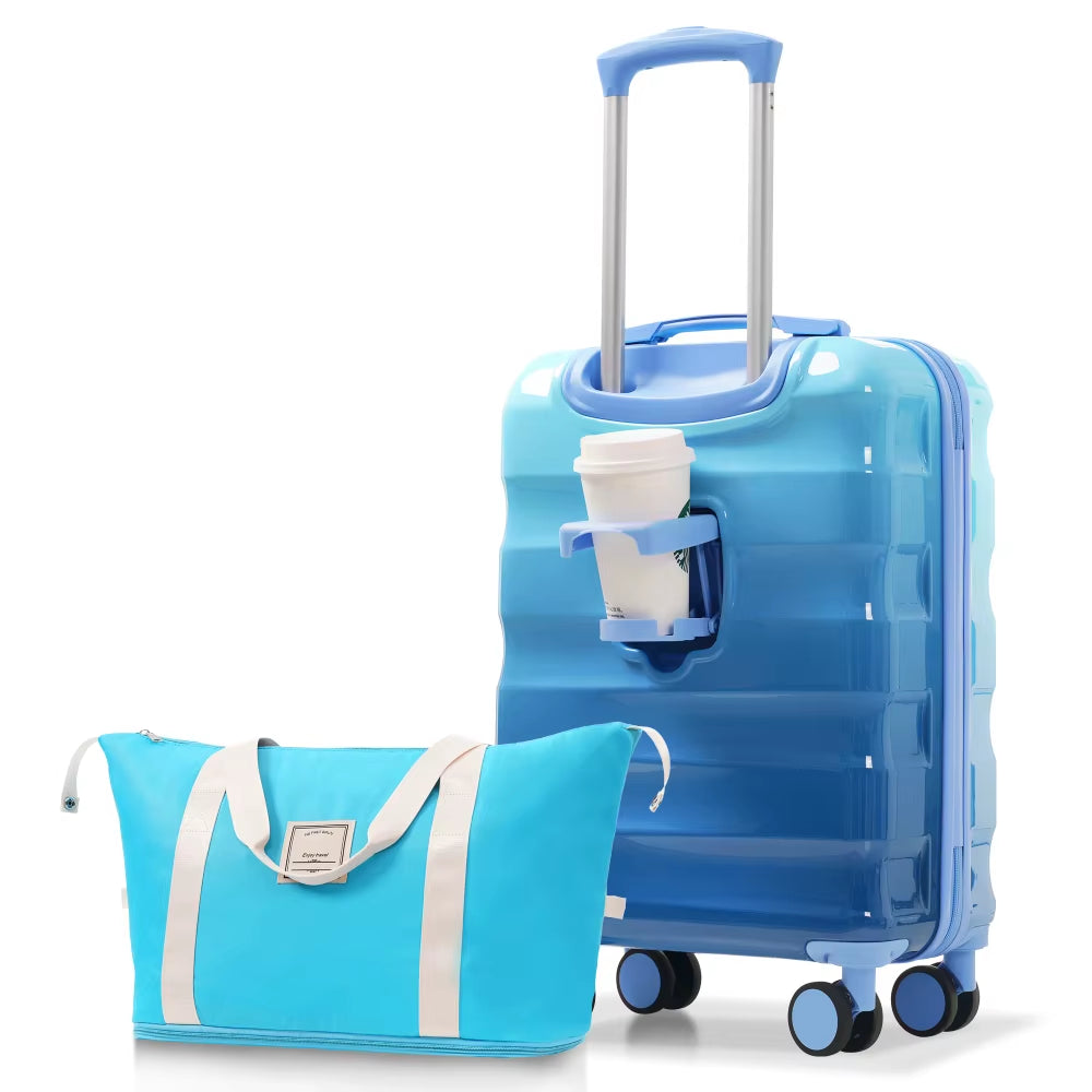 20"Carry-On Luggage with Cup Holder–Lightweight Glossy Hardshell Suitcases with Spinner Wheels TSA Lock Airline Approved