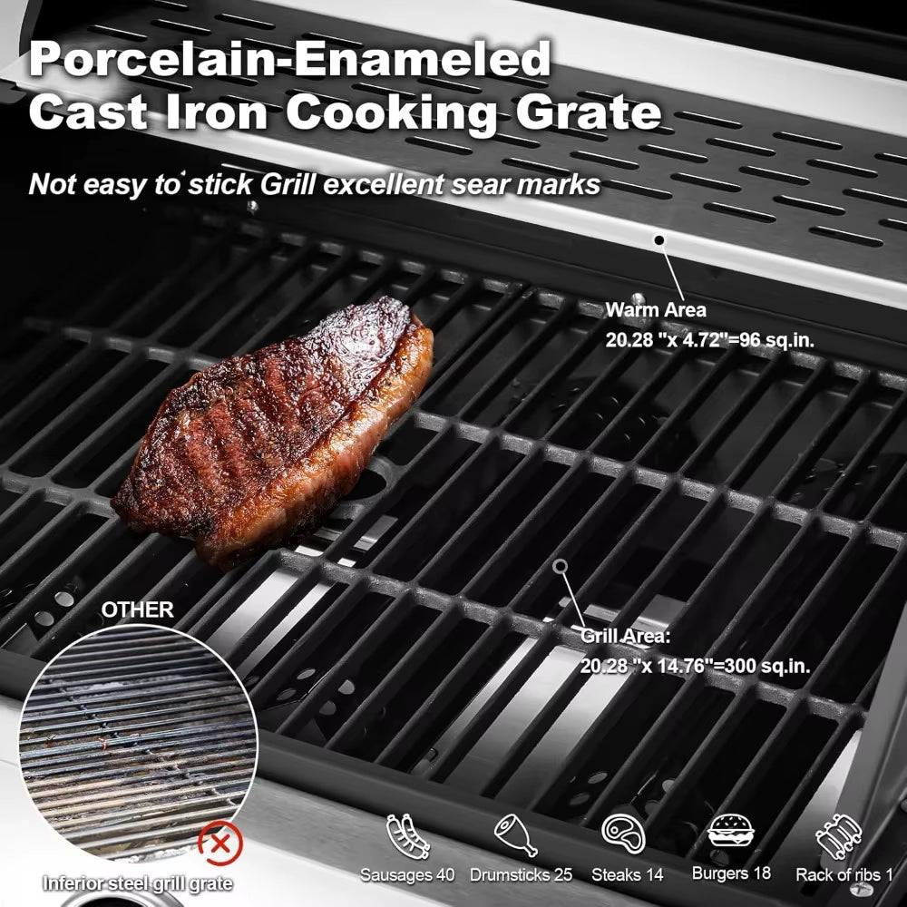 Stainless Steel 36,000 BTU Propane Grill with 3 Burners, Cast Iron Grates, and Side Shelf BBQ Barbecue
