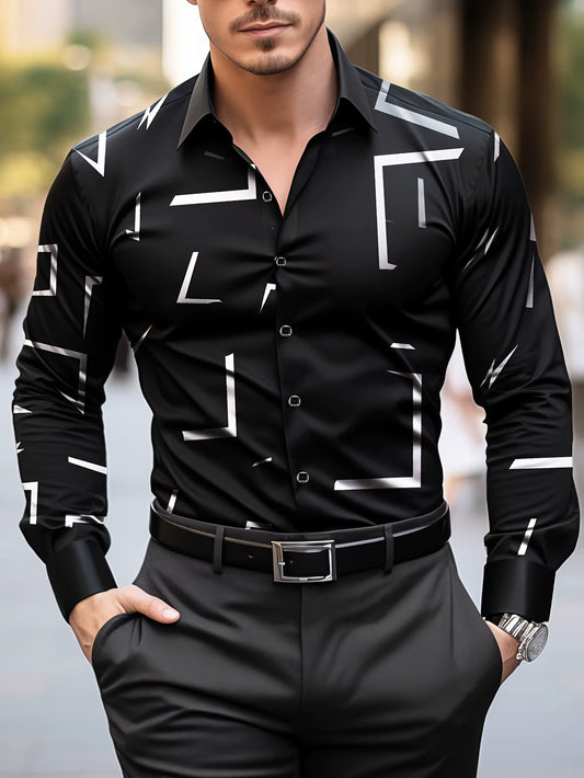 Fashion Men'S Casual Regular Fit Geometric Pattern Long Sleeve Solid Color Polyester Button Lapel Shirt,Non-Stretch Fabric