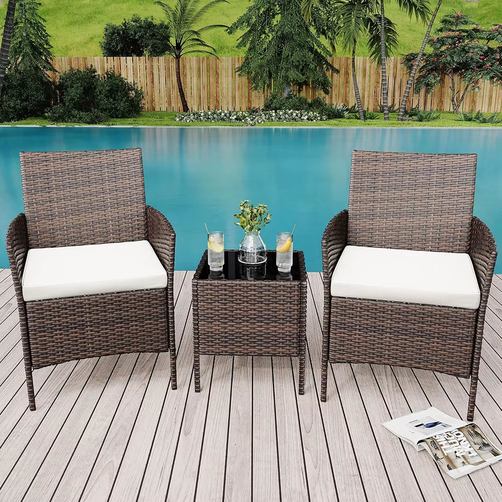 3-Piece Wicker Patio Sofa Set, All-Weather Rattan Conversation Set with Cushions & Glass Coffee Table for Garden, Porch, Lawn