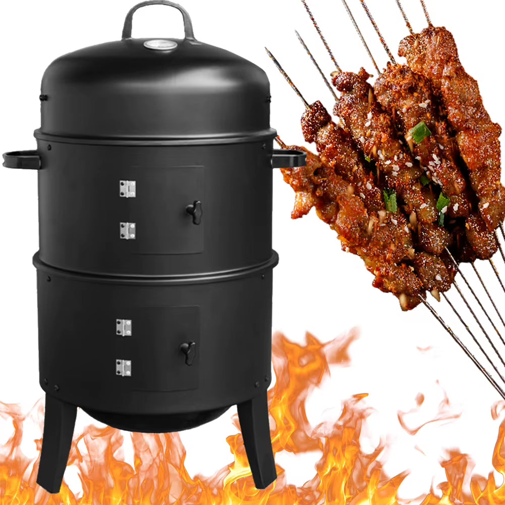 Vertical Charcoal Smoker with Built-In Thermometer BBQ Smoker Grill 2 Access Doors for Parties Camping Outdoor Cooking