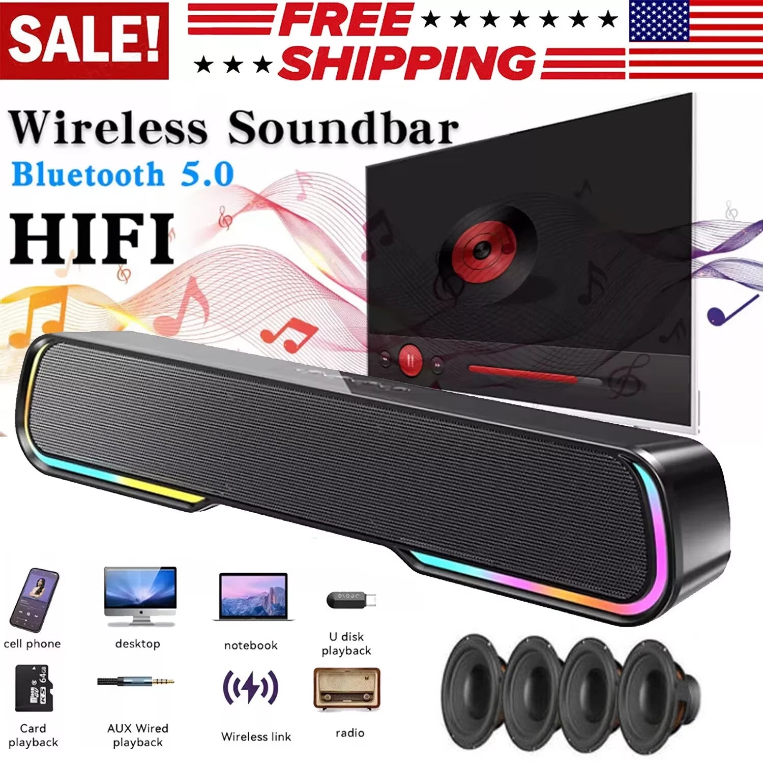 Wireless Bluetooth Subwoofer Bass Surround Sound Bar Speaker System Music Player for Laptop Cellphones TV Home Theater