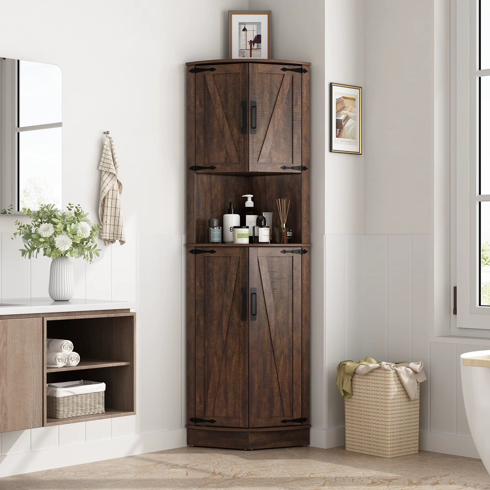 Bathroom Storage Tall Cabinet with Doors, 67" Corner Storage Cabinet with Barn Doors and Adjustable Shelf for Kitchen Bathroom