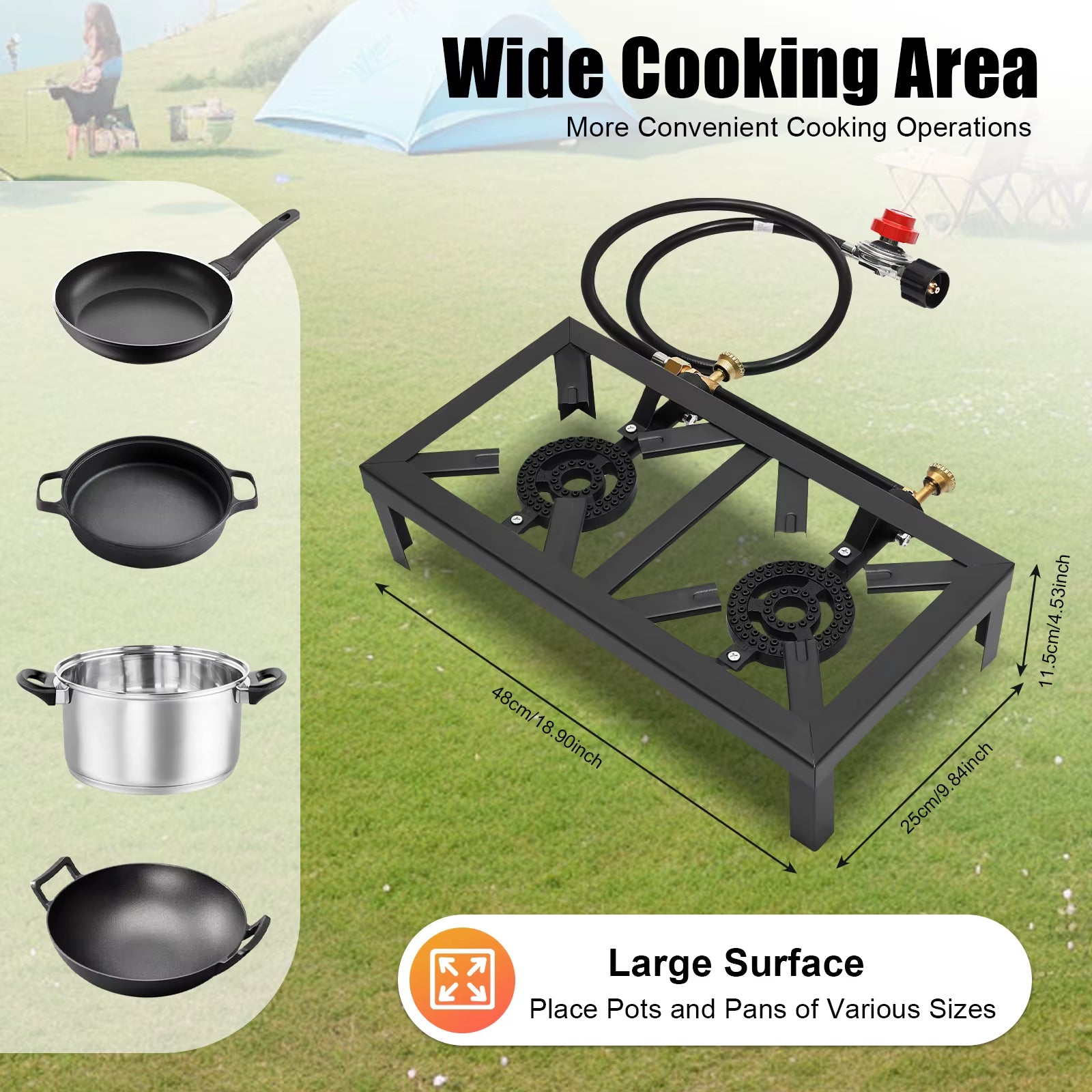 Portable Double Burner Outdoor Gas Stove Propane Cooker with Adjustable 0-10Psi Regulator Hose for Patio Camping, BBQ