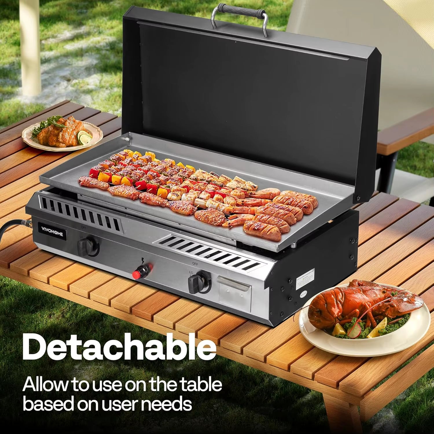 2-Burner Outdoor Griddle Station with Detachable Griddle Plate, Portable Propane Gas Stove with 2 Wheels,, Customized