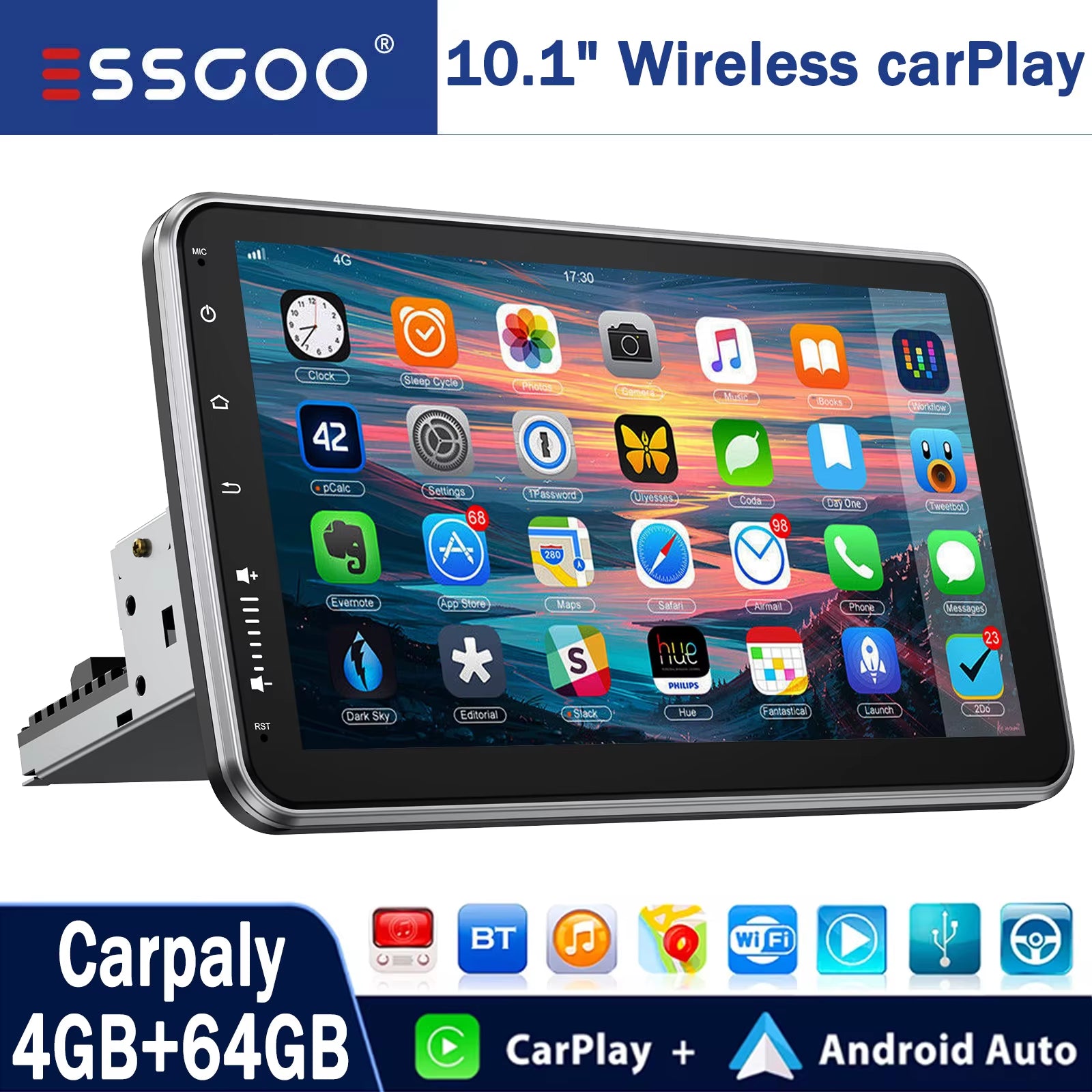 10.1 Inch 4+64GB Rotatable IPS Touchscreen Single 1 DIN Car Stereo Wireless Apple Carplay Android Auto FM Bluetooth GPS