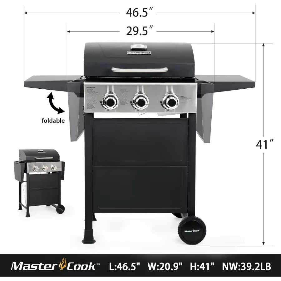 3 Burner BBQ Propane Gas Grill Stainless Steel 30 000 BTU Patio Garden Barbecue Grill with Two Foldable Shelves