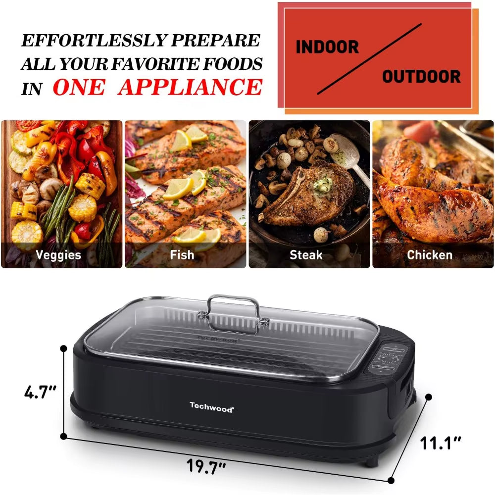 Techwood 1500W Smokeless Indoor Electric Grill with Non-Stick Plates and Tempered Glass Lid - Korean Grill with Temperature Cont