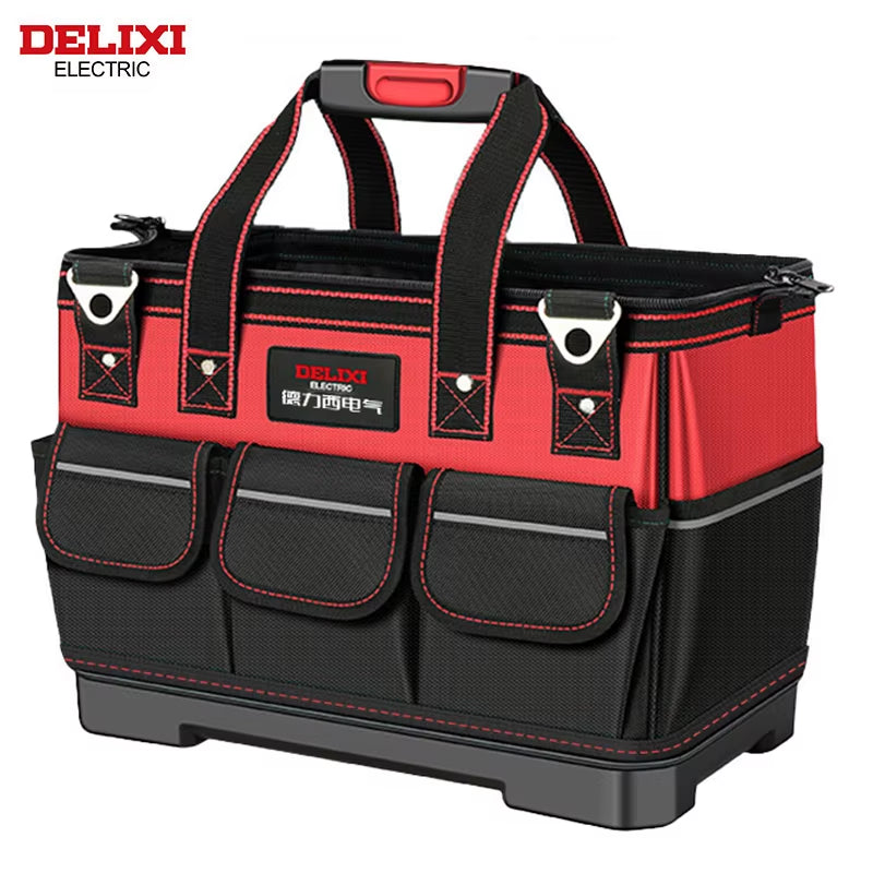 Delixi Professional Electric Tool Storage Bag with Wide Mouth Opening and Durable ABS Hard Molded Base, Ideal for Electricians, Plumbers, and Homeowners