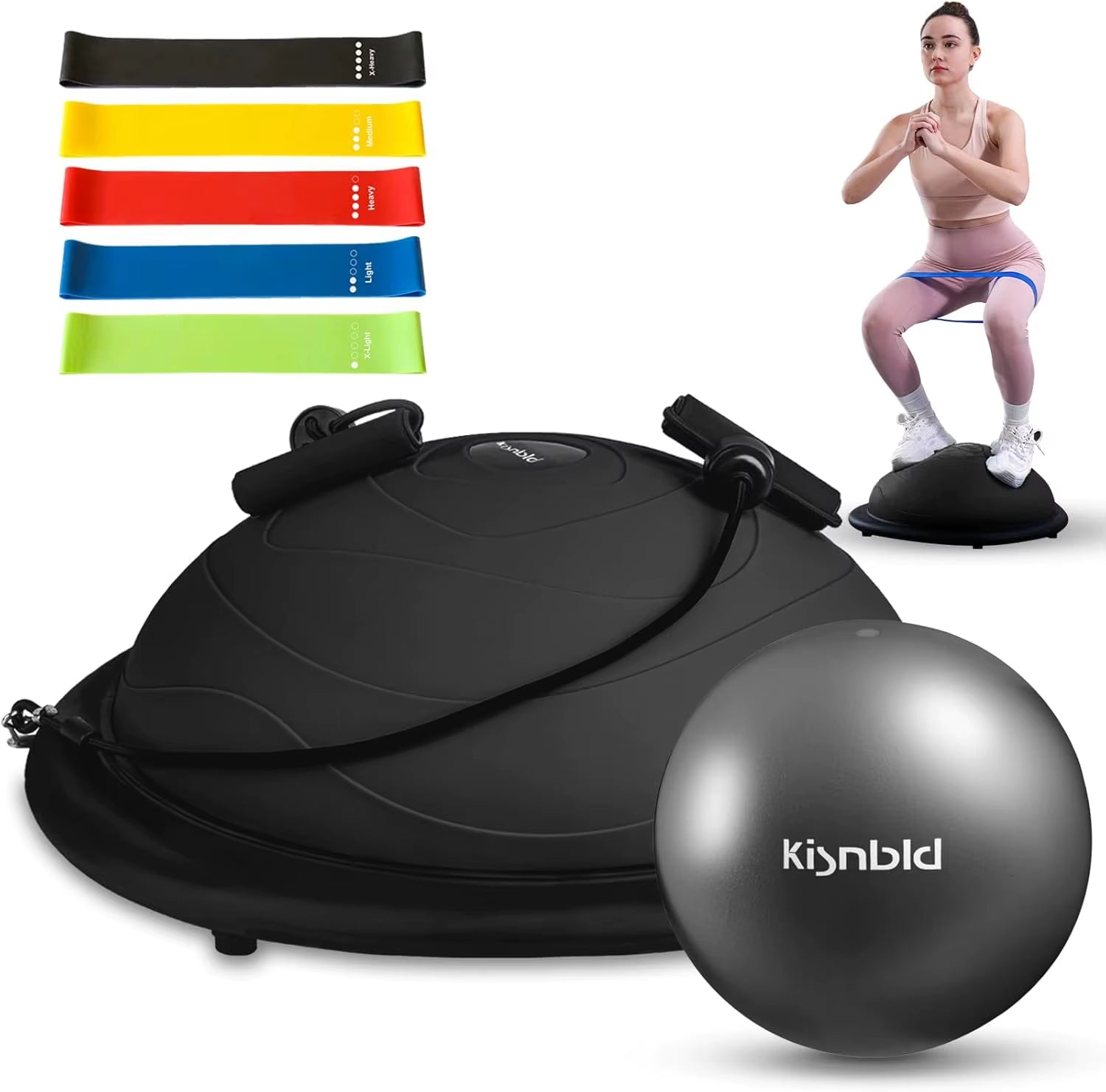 Half Balance Ball Trainer, Inflatable 19/23 Inch Half Exercise Ball with Resistance Bands and Pilates Ball