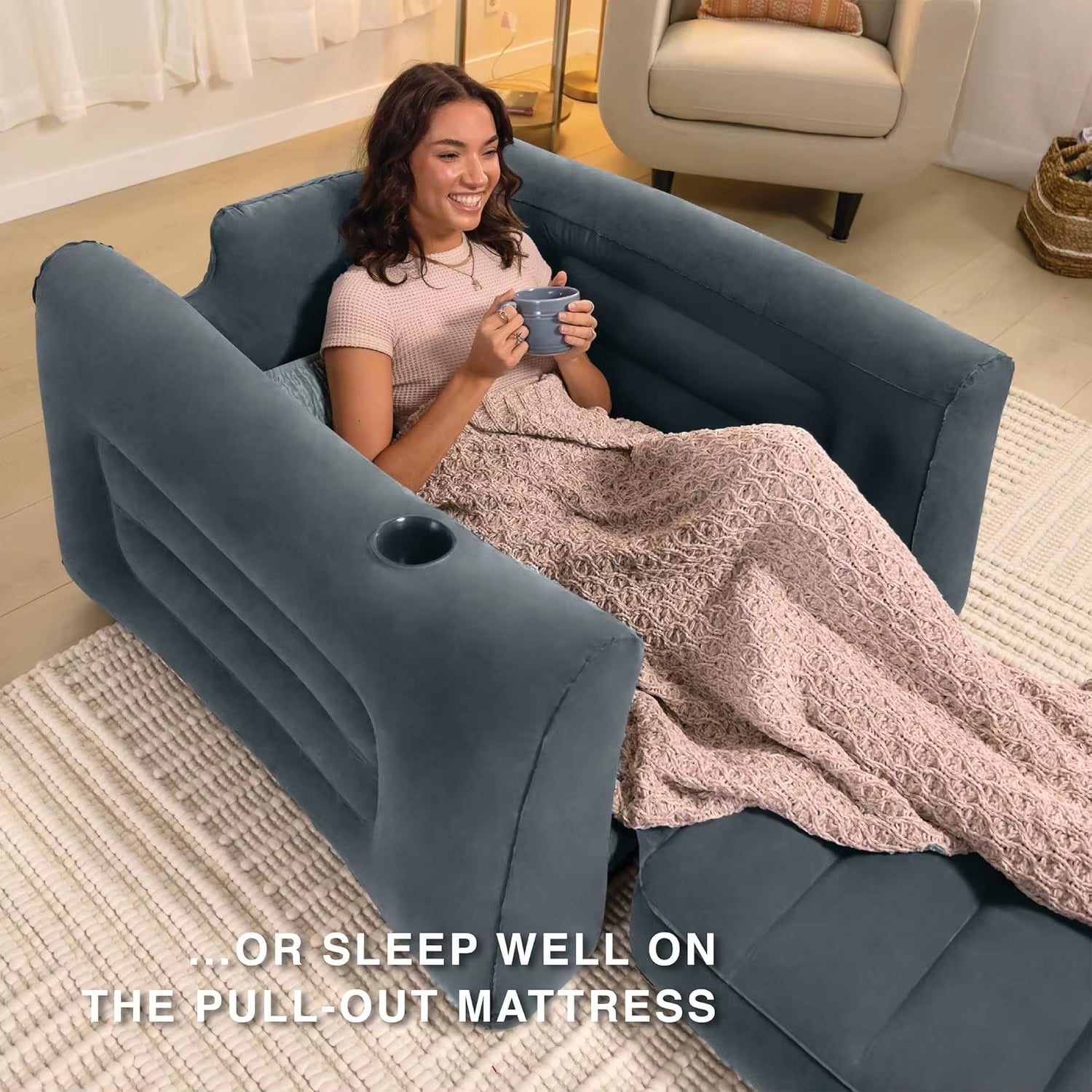 Inflatable Pull-Out Chair with Built-In Cupholder: Velvety Surface, 2-In-1 Valve, Folds Compact for Indoor/Outdoor Use