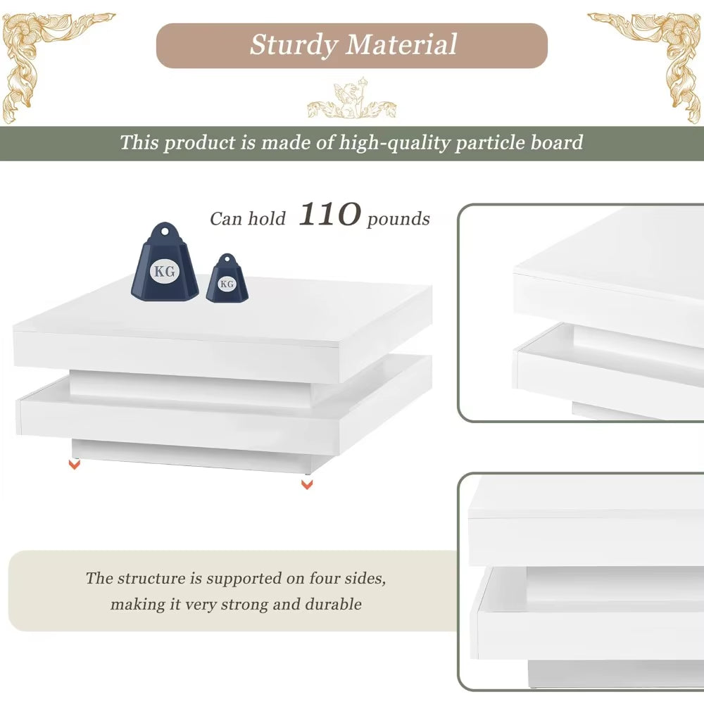 LED Coffee Table for Living Room, 2 Tier Modern Square Middle Center Table, Unique High Gloss Coffee Table with 16 Colors LED