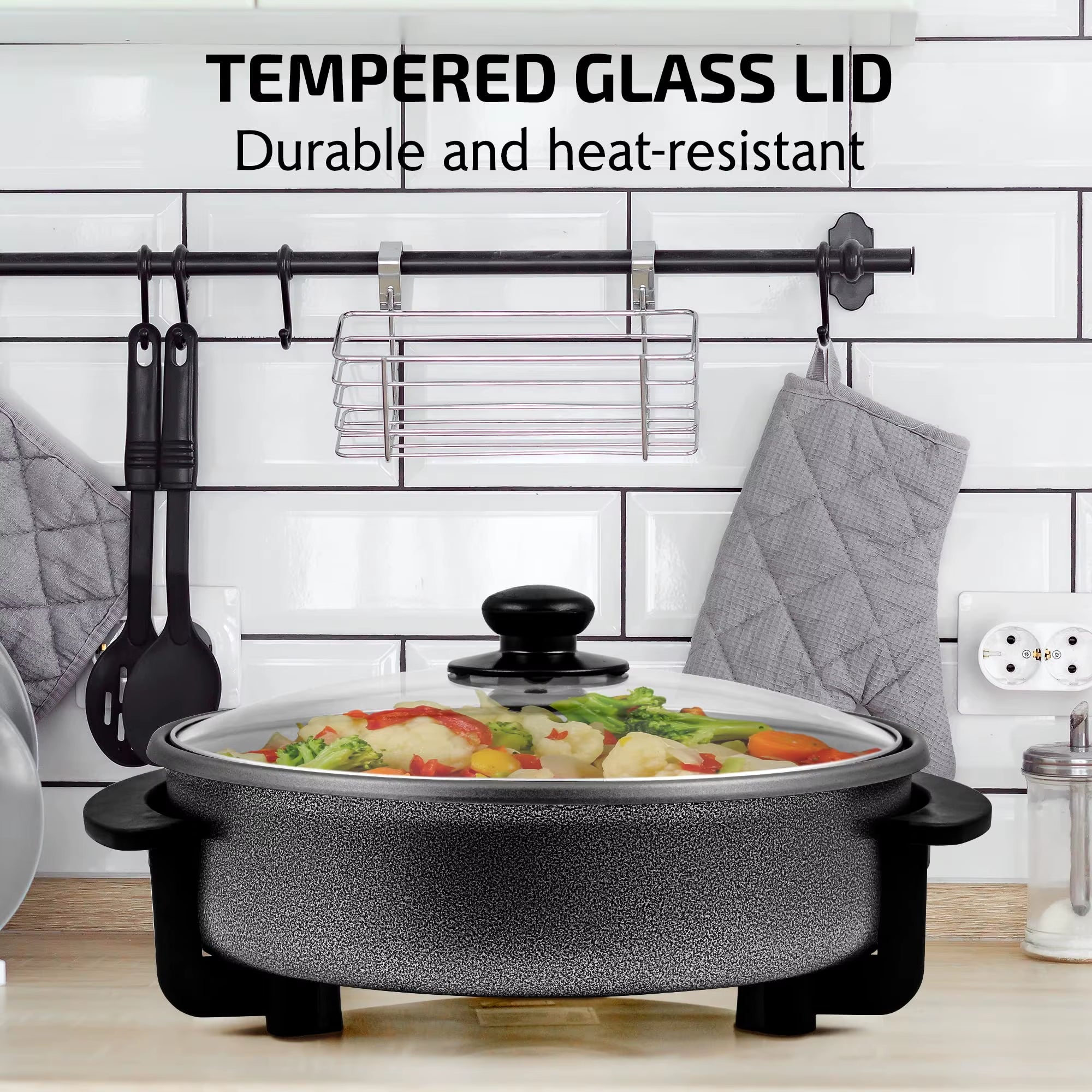 12 Inch Electric Skillet and Frying Pan with Nonstick Coating, 1400W Power, Adjustable Temperature Control, Tempered Glass Lid W