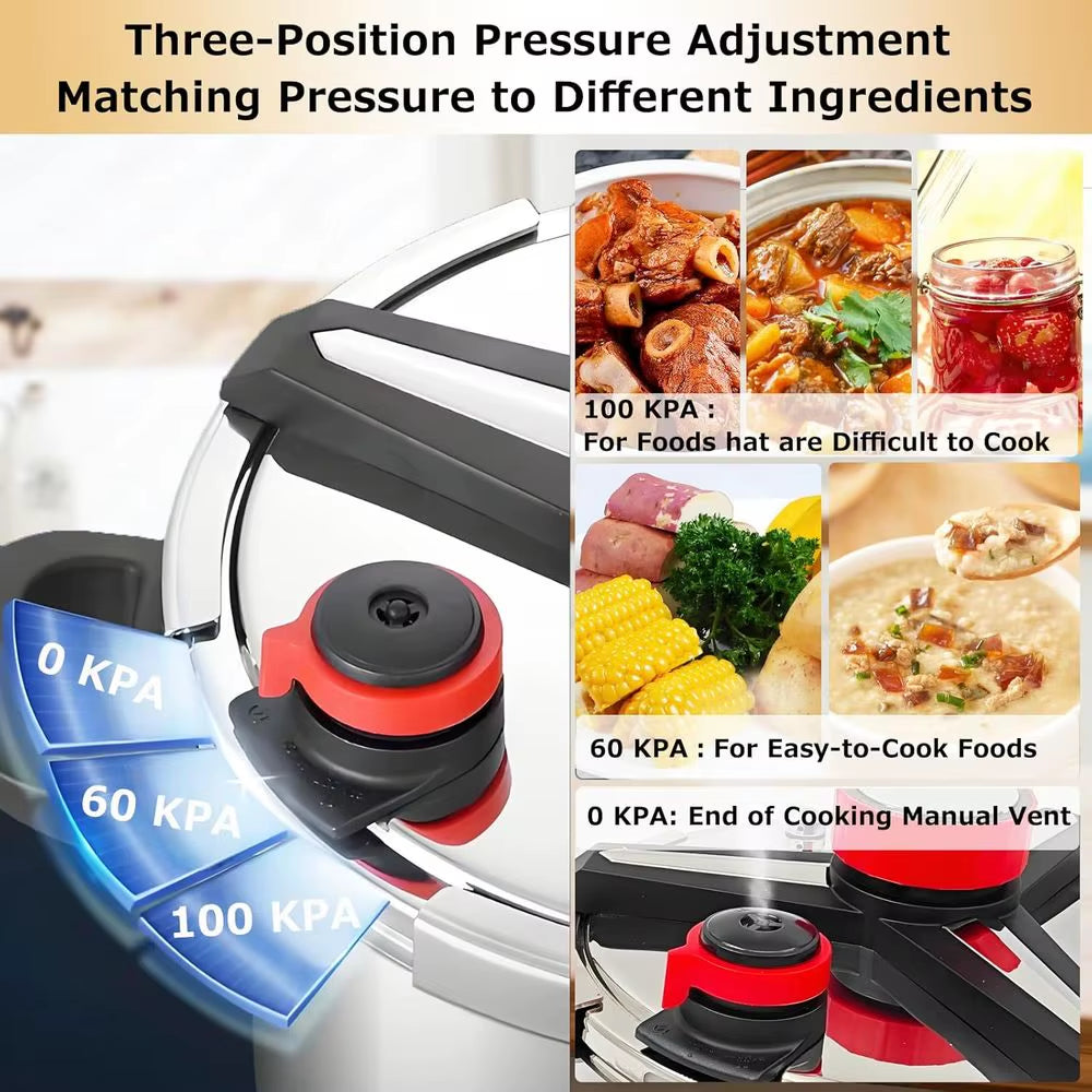 10 QT Pressure Cooker, 18/8 Stainless Steel, 10/15 PSI Settings, One-Hand Locking, Compatible with Gas and Induction Cooktops, G