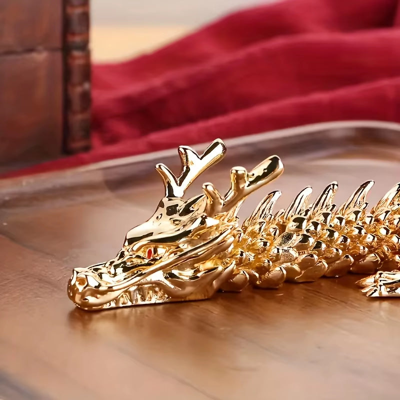 Majestic 3D Alloy Golden Dragon Statue with Movable Limbs - Home Desktop Decoration, Symbol of Power and Good Luck