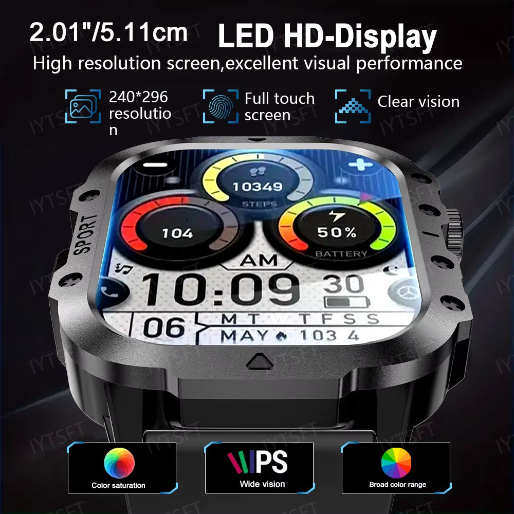 2025 New Military Smart Watch Men Outdoor Sports Fitness Tracker Health Monitoring 2.01Inch Bluetooth Calls Smartwatch