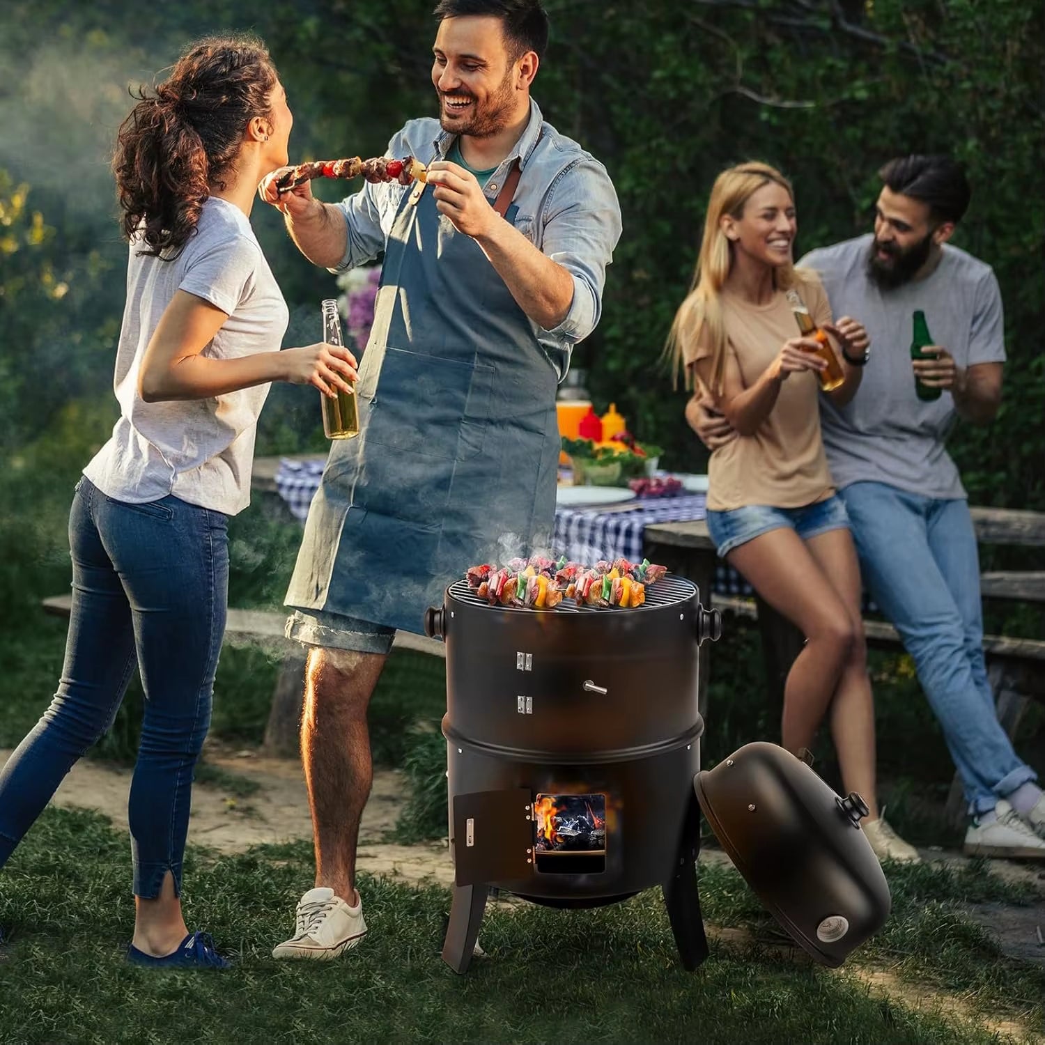 16 Inch Charcoal BBQ Smoker Grill,3-In-1 Portable Vertical Grill Cooker with Built-In Thermometers & Adjustable Vent Systems