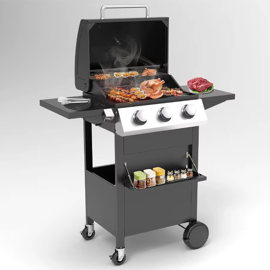 3 Burner BBQ Gas Propane Grill Small Portable Camping Gas Grill for Outdoor Cooking Barbecue 30000 BTU Stainless Steel Barbeque