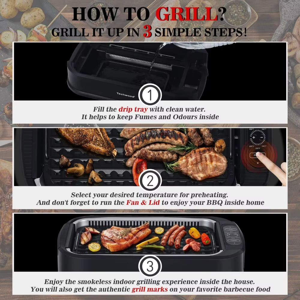 Techwood 1500W Smokeless Indoor Electric Grill with Non-Stick Plates and Tempered Glass Lid - Korean Grill with Temperature Cont