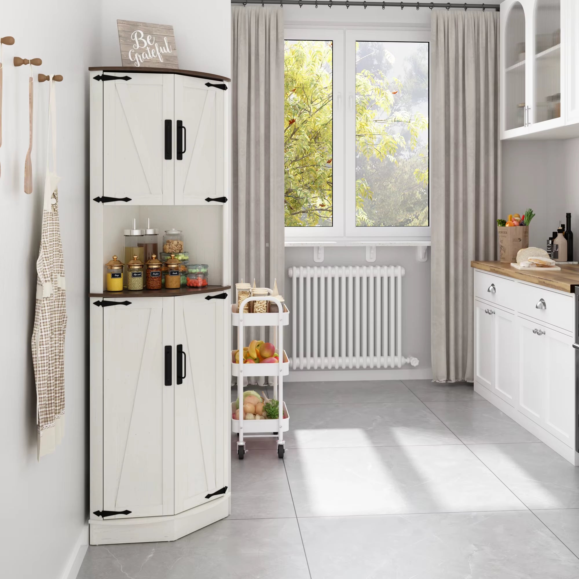 Bathroom Storage Tall Cabinet with Doors, 67" Corner Storage Cabinet with Barn Doors and Adjustable Shelf for Kitchen Bathroom
