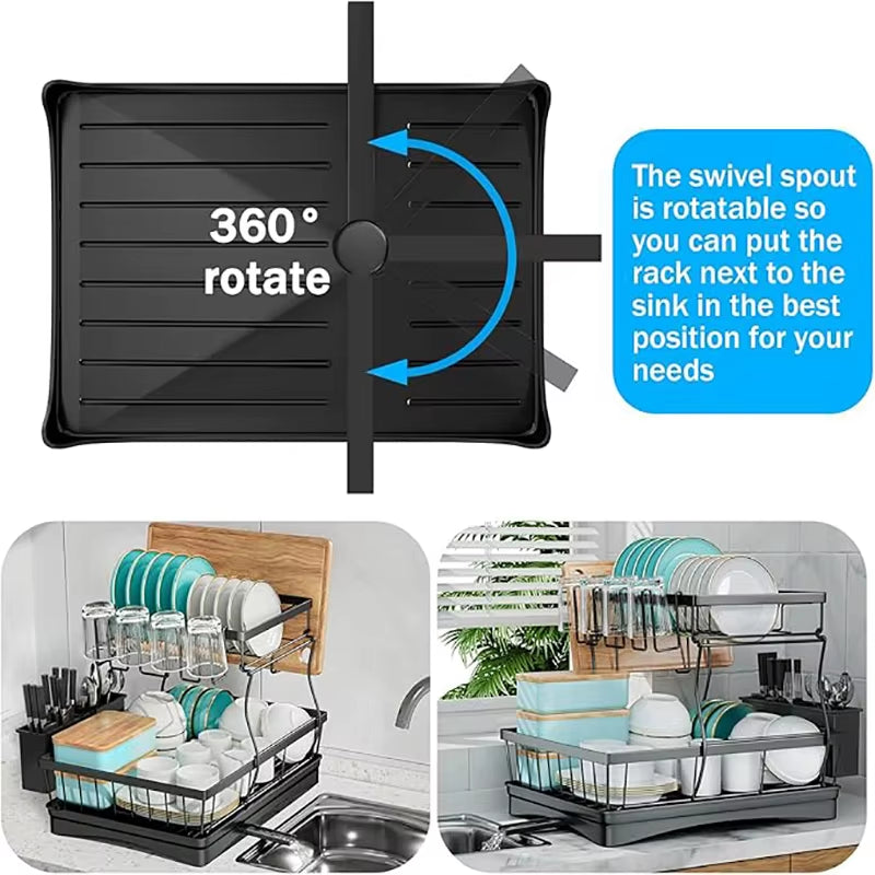 Kitchen Countertop Large Dish Drying Rack Removable High-Capacity Dish Drainer Double-Layer Dish Rack with Cutlery Storage Tray